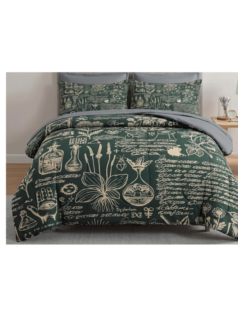Full Comforter Set with Sheets 7 Pieces Retro Herbs Bedding Dark Green
